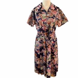 Vintage Asian style floral dress 70s zip up dress